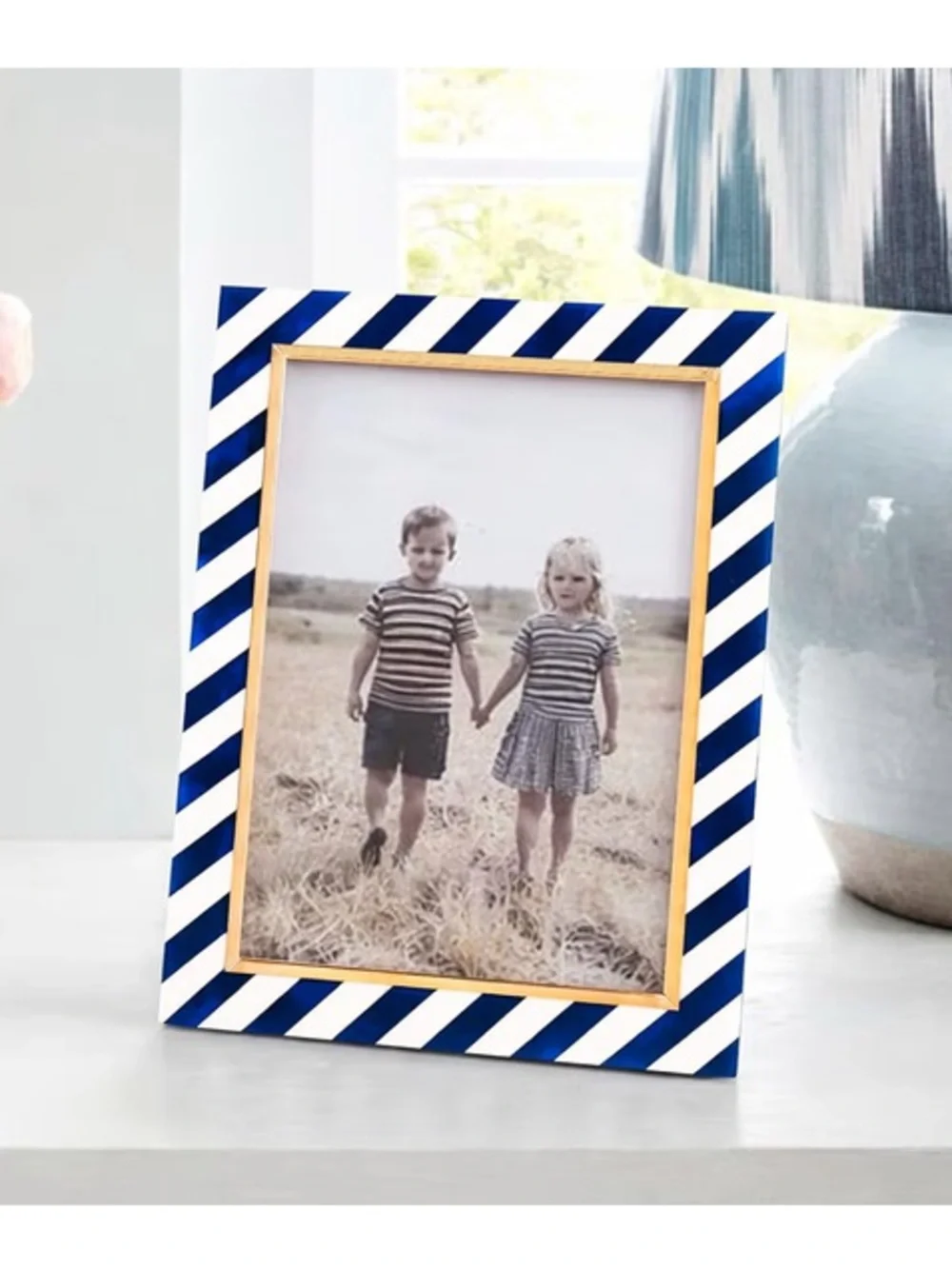 Blue Striped Frame Gold Accent Rectangular 5x7”